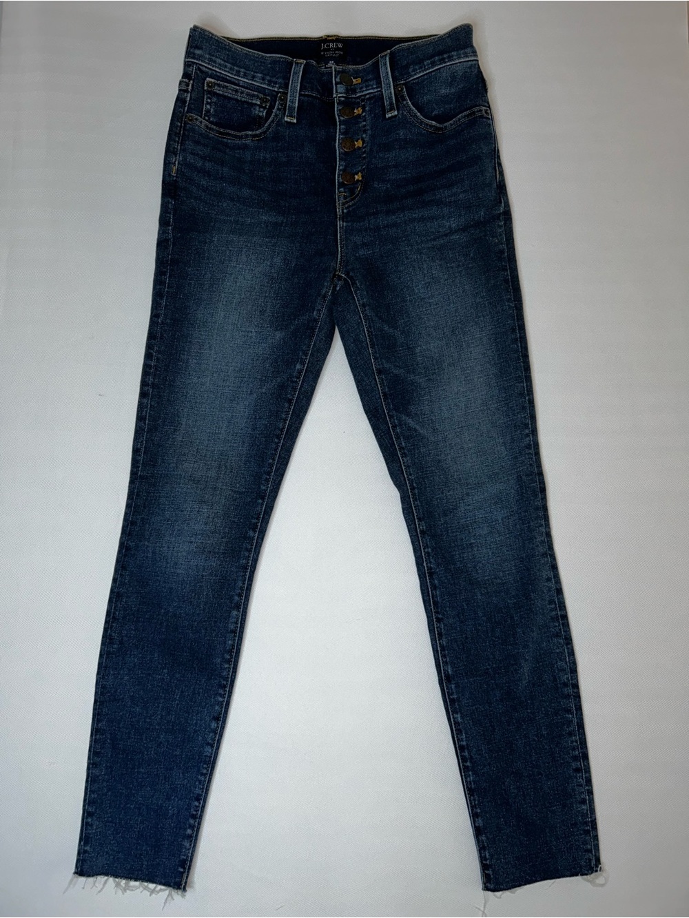 J.Crew 19” High-Rise Skinny Button-Fly Jeans in Dark Blue Wash